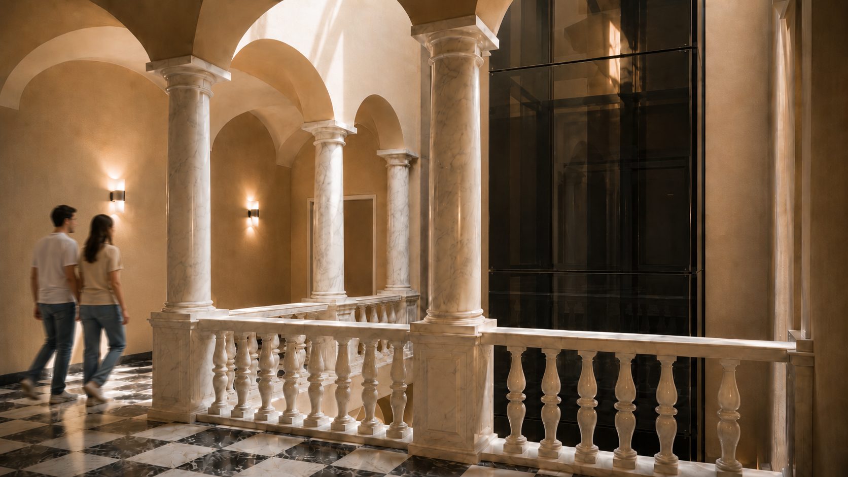 Rendering dell'androne con colonne in marmo, balaustra e ascensore in vetro