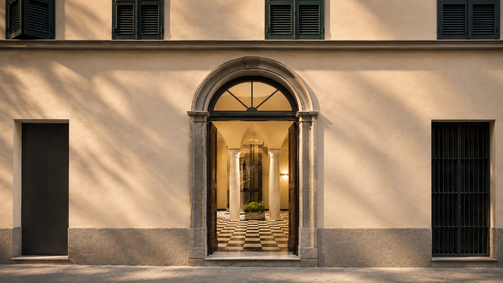 Rendering del portale in pietra restaurato, con l'androne a colonne sullo sfondo