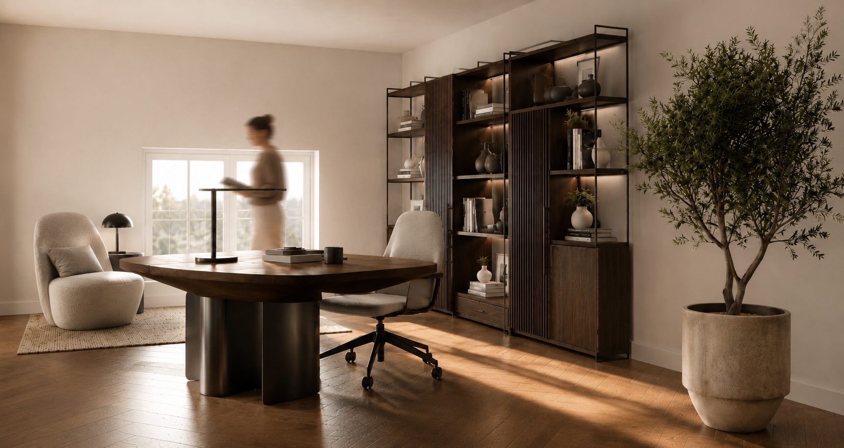 Studio con libreria in legno e scrivania
