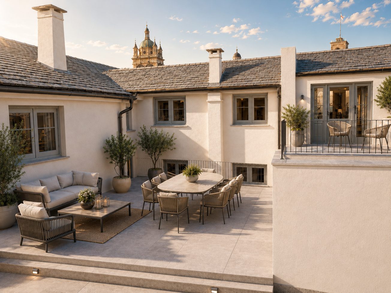 Terrazzo dell'attico con zona pranzo e vista sulle cupole